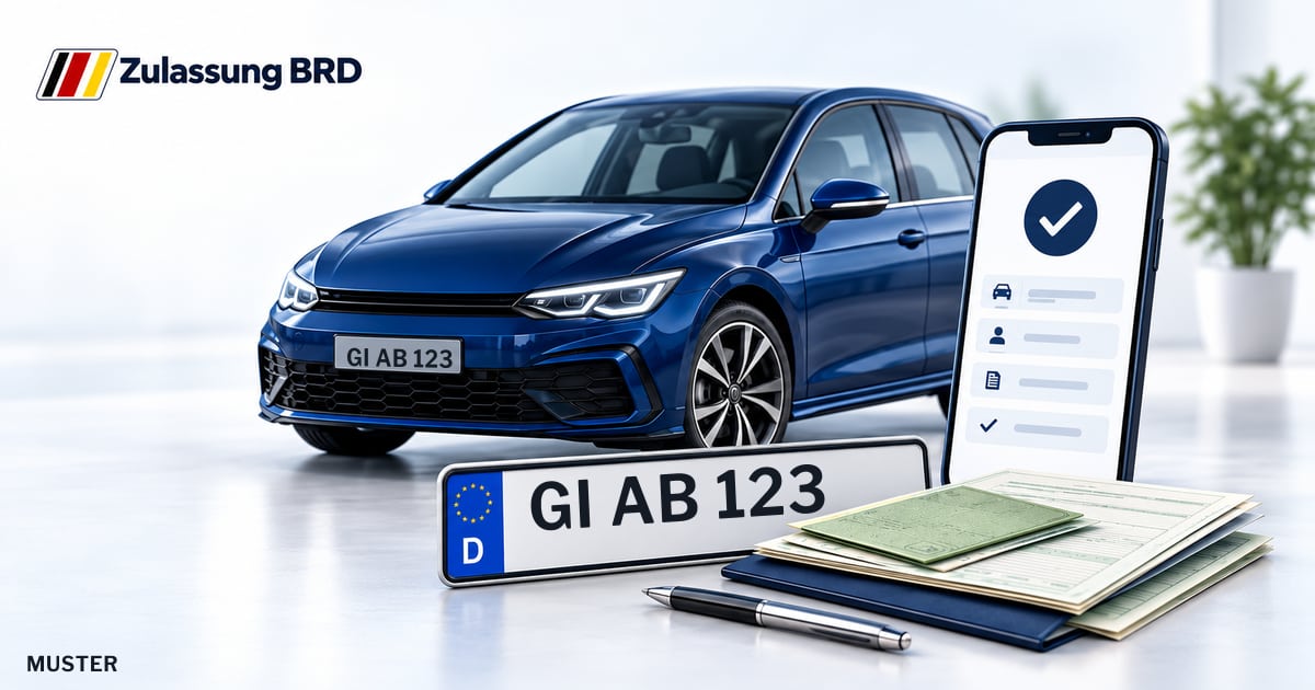 Online Fahrzeugzulassung in Lollar: Musterkennzeichen GI AB 123, Auto und Fahrzeugpapiere und Smartphone. Illustration mit Logo von Zulassung BRD.